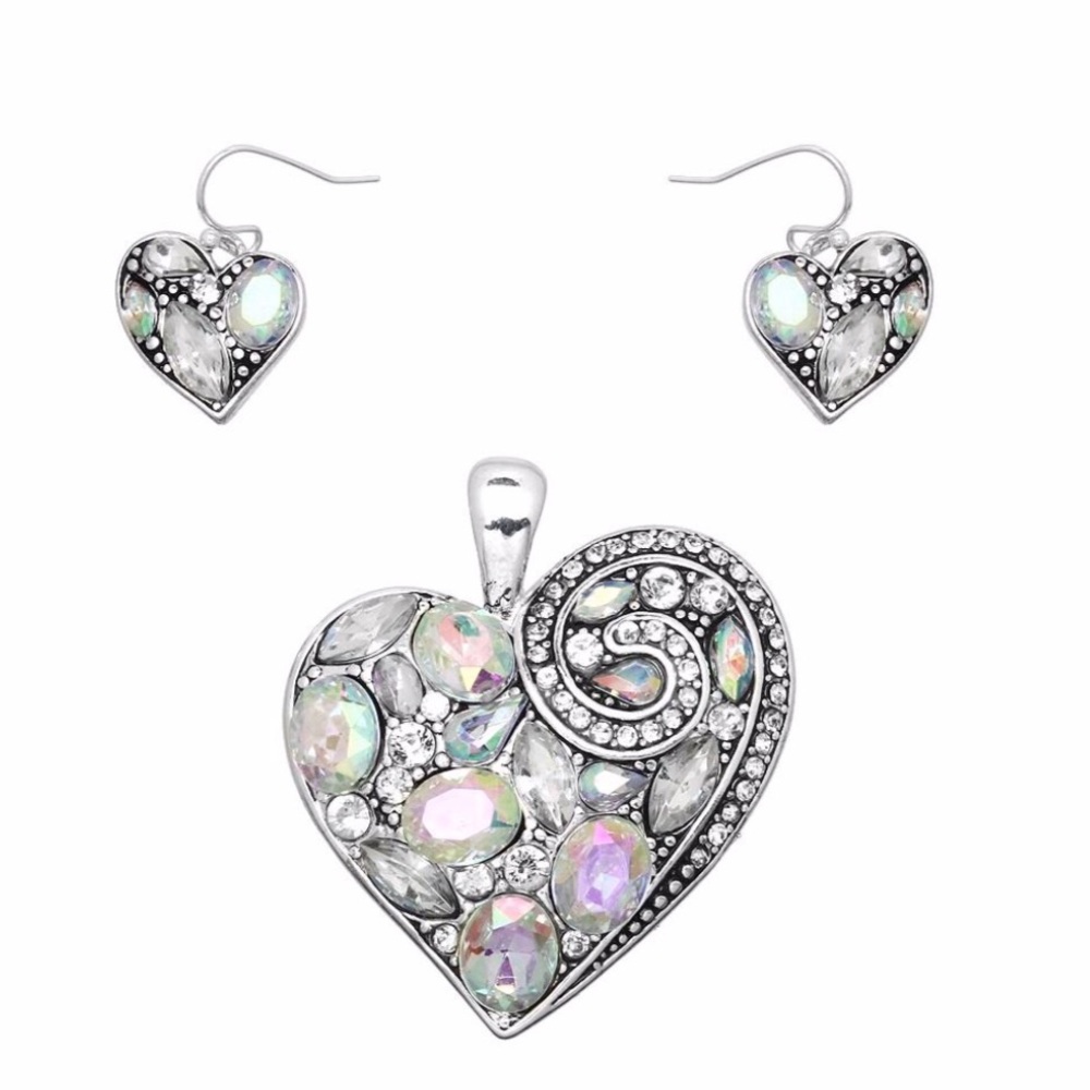 Swirl Crystal Heart Necklace Pendant & Earring Set